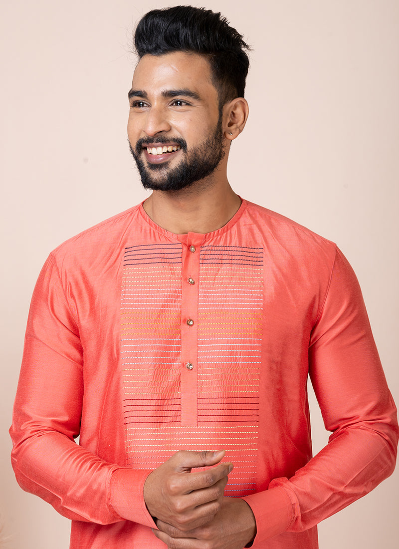 Ps Viscose Orange Festival Wear Embroidery Work Readymade Kurta Pajama