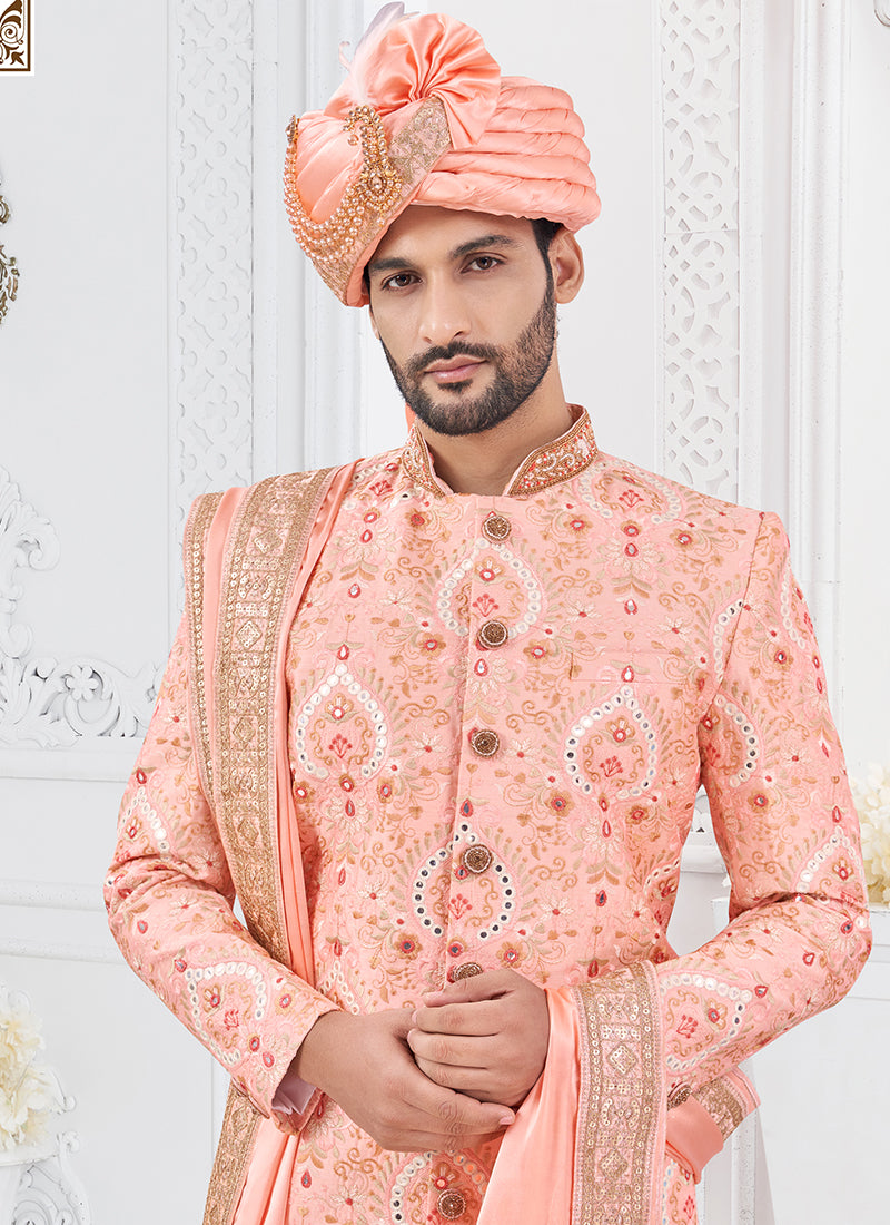 Silk Orange Groom Wear Hand Work Readymade Sherwani With Turban