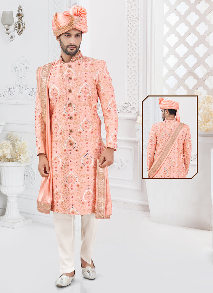 Silk Orange Groom Wear Hand Work Readymade Sherwani With Turban