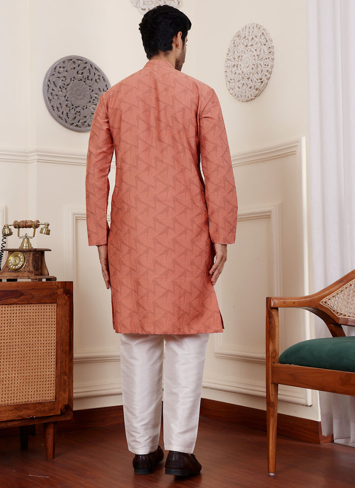Viscose Orange Festival Wear Jacquard Work Readymade Kurta Pajama