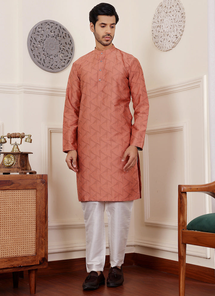 Viscose Orange Festival Wear Jacquard Work Readymade Kurta Pajama