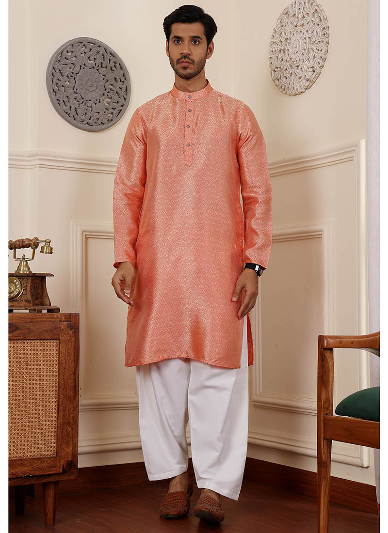Viscose  Orange Traditional Wear Weaving  Readymade Kurta Pajama