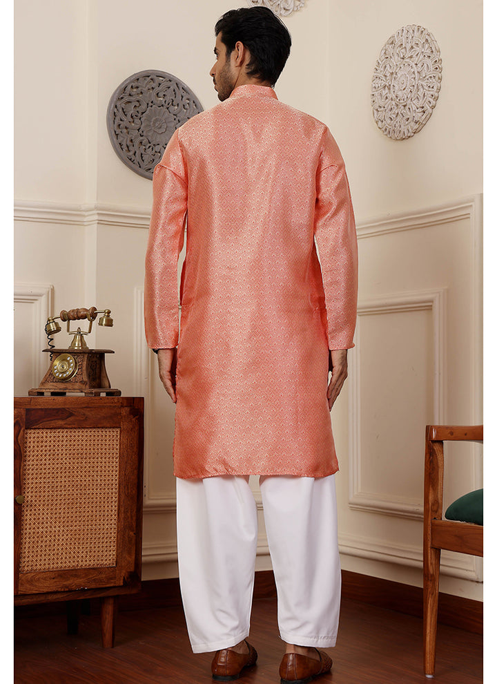 Viscose  Orange Traditional Wear Weaving  Readymade Kurta Pajama