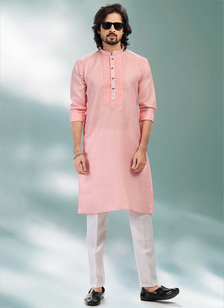 PINK Cotton Linen Festival Wear Pintux Kurta Pajama