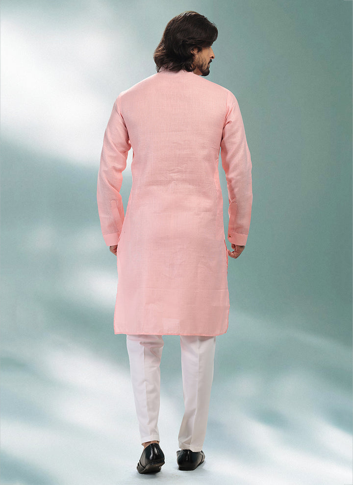 PINK Cotton Linen Festival Wear Pintux Kurta Pajama