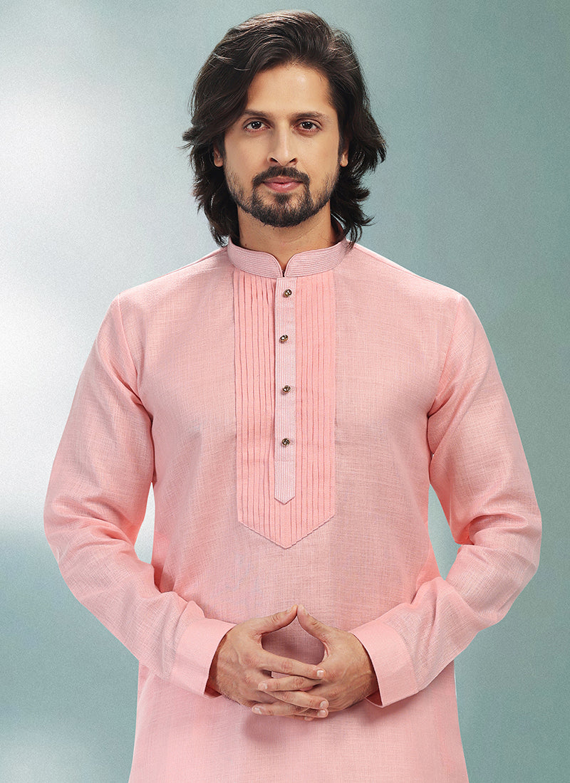 PINK Cotton Linen Festival Wear Pintux Kurta Pajama