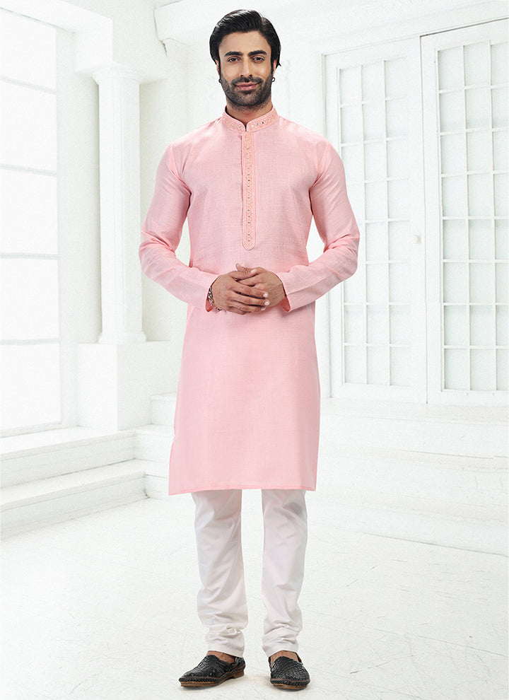 PINK Linen Cotton Traditional Wear Thread Work Kurta Pajama