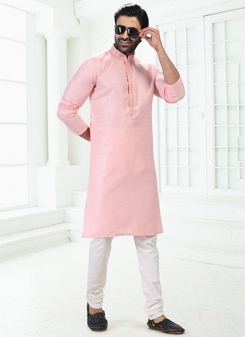 PINK Linen Cotton Traditional Wear Thread Work Kurta Pajama