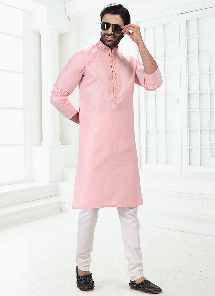 PINK Linen Cotton Traditional Wear Thread Work Kurta Pajama