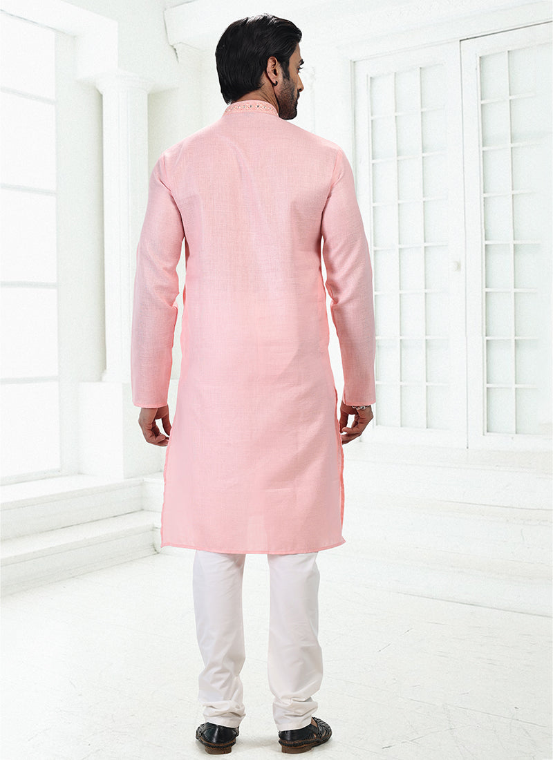 PINK Linen Cotton Traditional Wear Thread Work Kurta Pajama