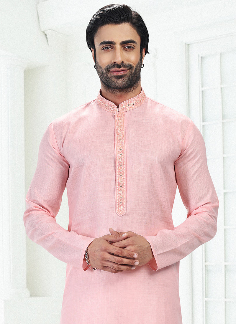 PINK Linen Cotton Traditional Wear Thread Work Kurta Pajama