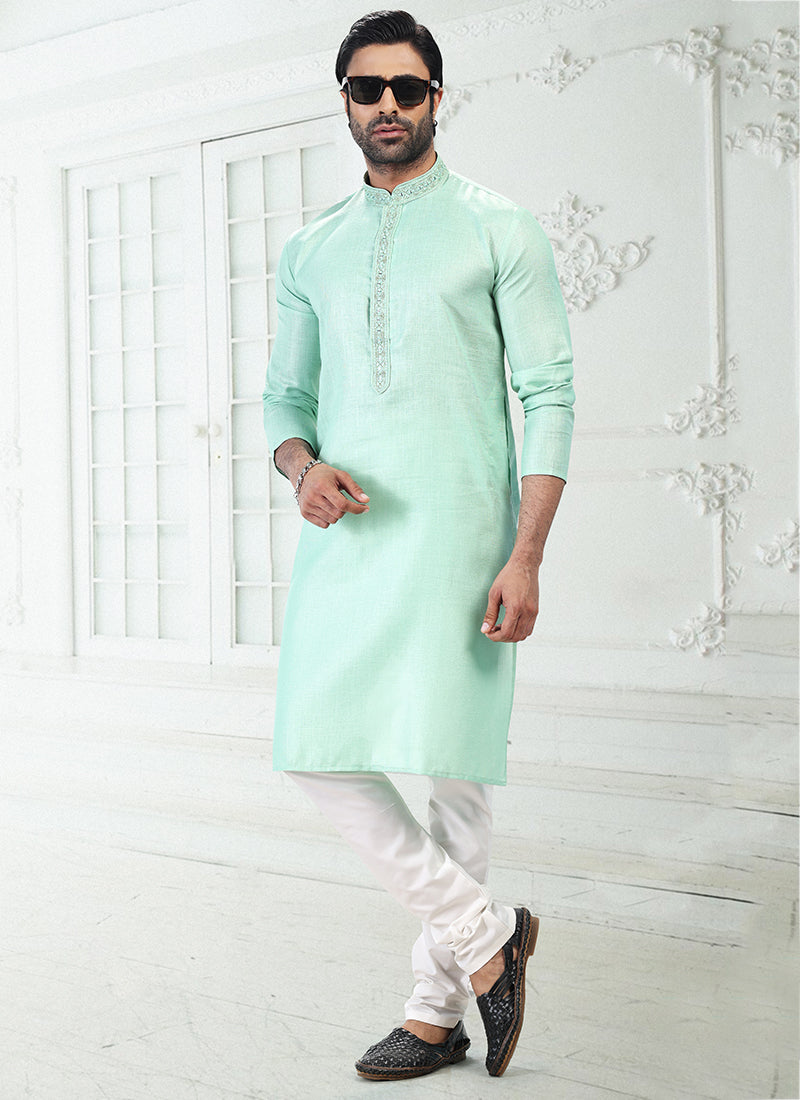 PISTA GREEN Linen Cotton Traditional Wear Thread Work Kurta Pajama