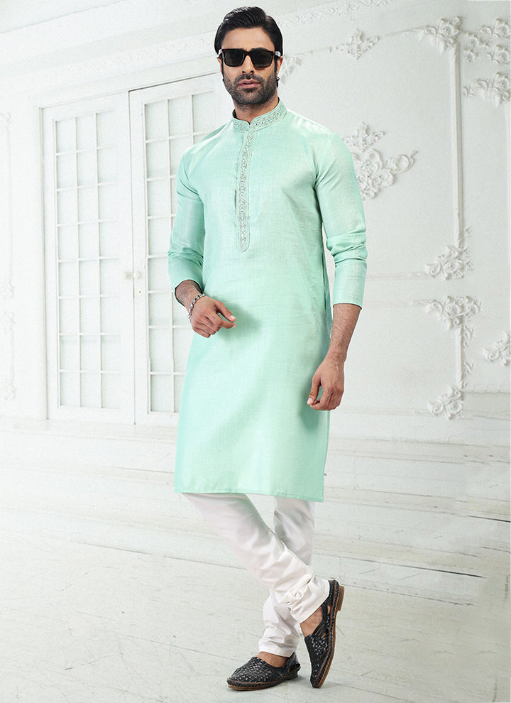 PISTA GREEN Linen Cotton Traditional Wear Thread Work Kurta Pajama