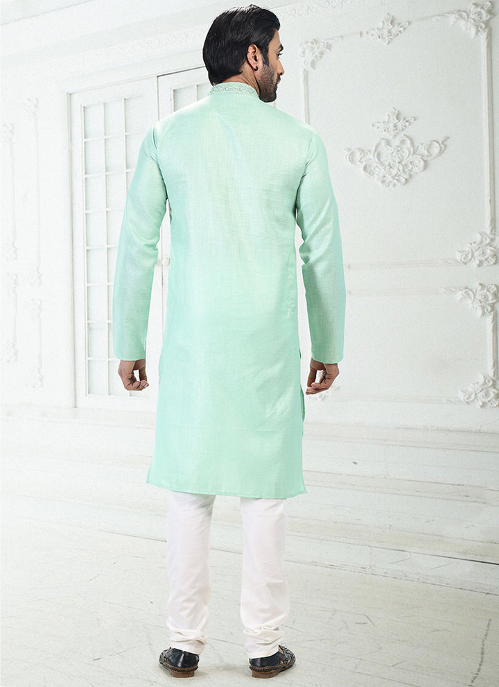 PISTA GREEN Linen Cotton Traditional Wear Thread Work Kurta Pajama
