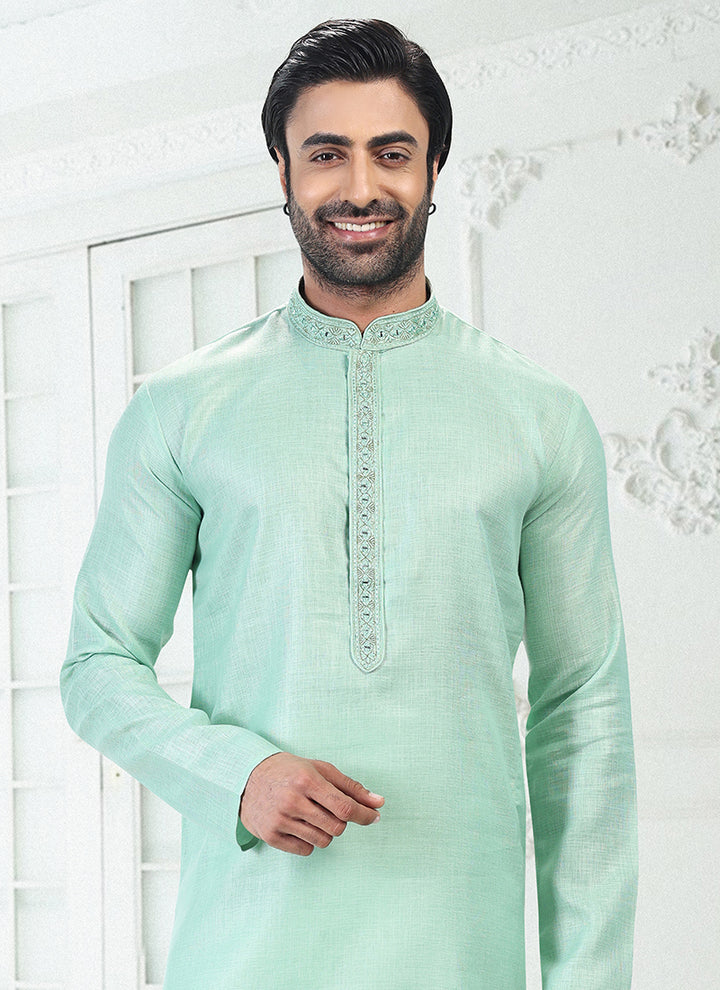 PISTA GREEN Linen Cotton Traditional Wear Thread Work Kurta Pajama