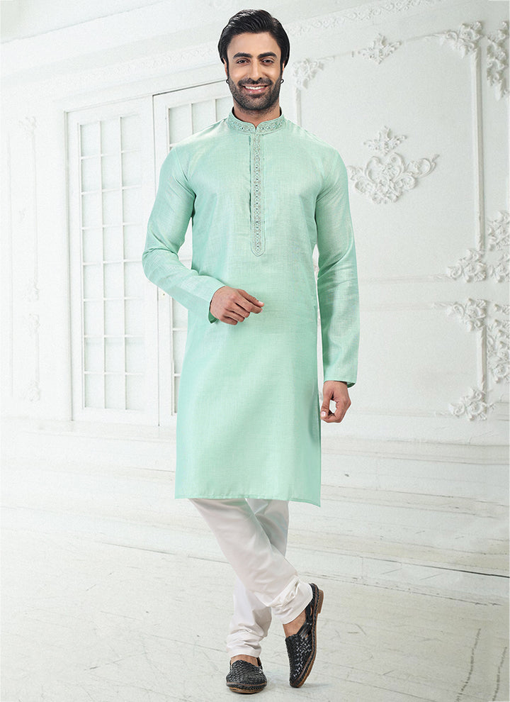 PISTA GREEN Linen Cotton Traditional Wear Thread Work Kurta Pajama