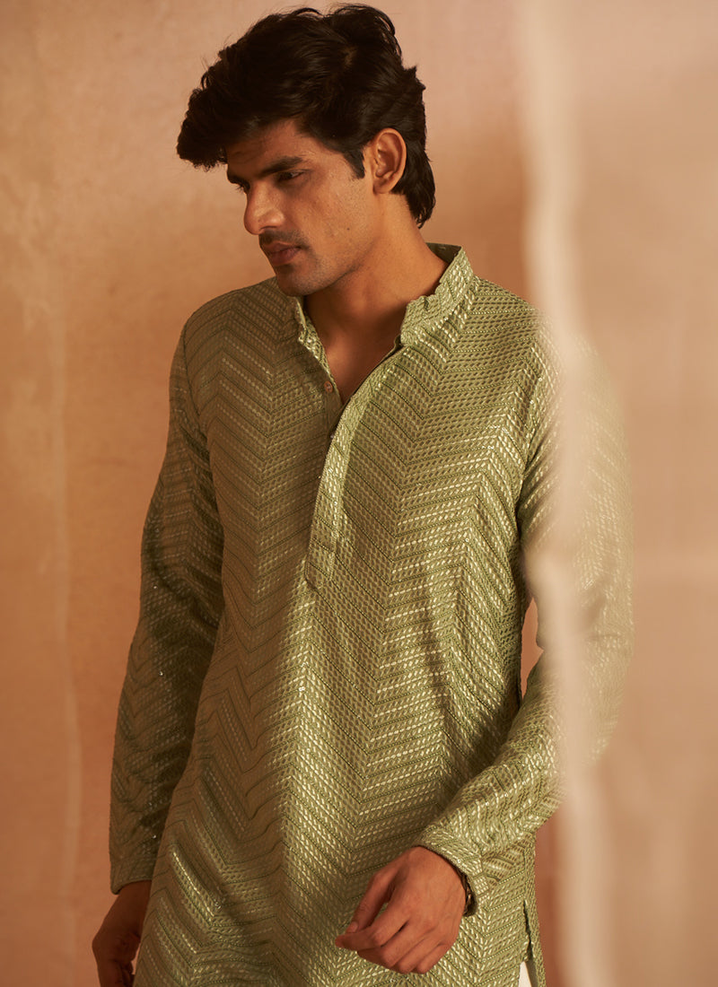 Viscose Pastel Green Eid Wear Embroidery Work Readymade Kurta Pajama