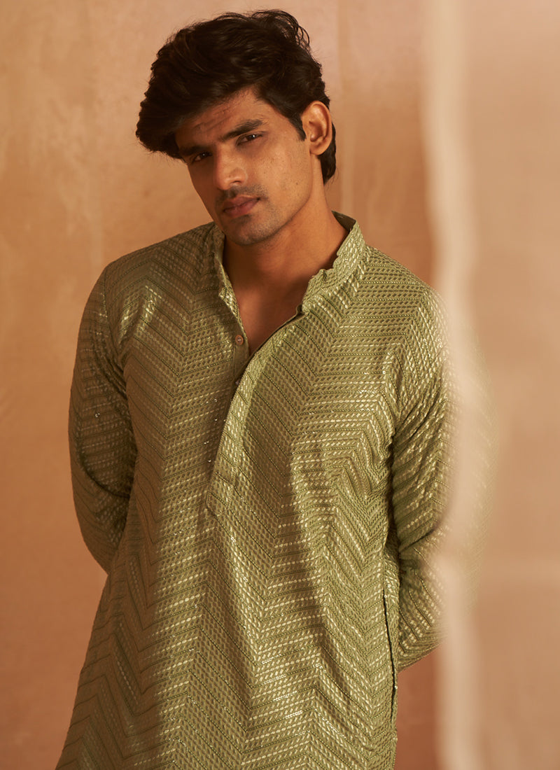 Viscose Pastel Green Eid Wear Embroidery Work Readymade Kurta Pajama