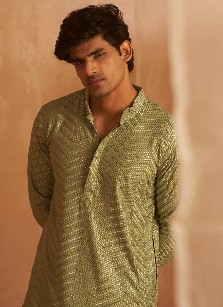 Viscose Pastel Green Eid Wear Embroidery Work Readymade Kurta Pajama