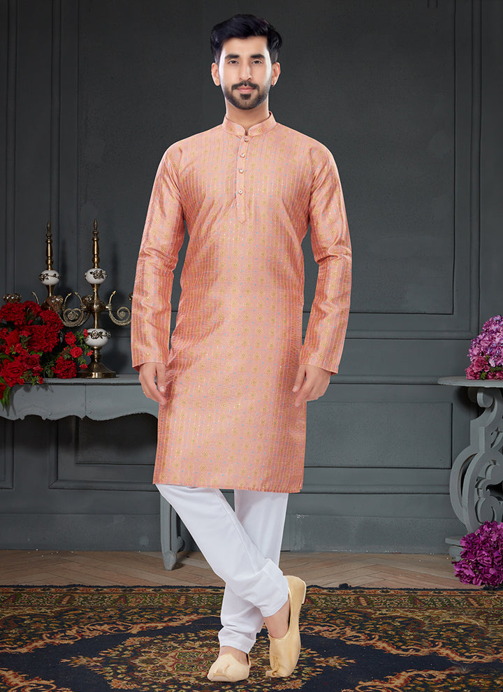 Peach  Multi Color Silk Traditional Wear Digital Printed Kurta Pajama
