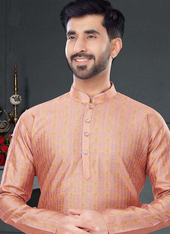 Peach  Multi Color Silk Traditional Wear Digital Printed Kurta Pajama