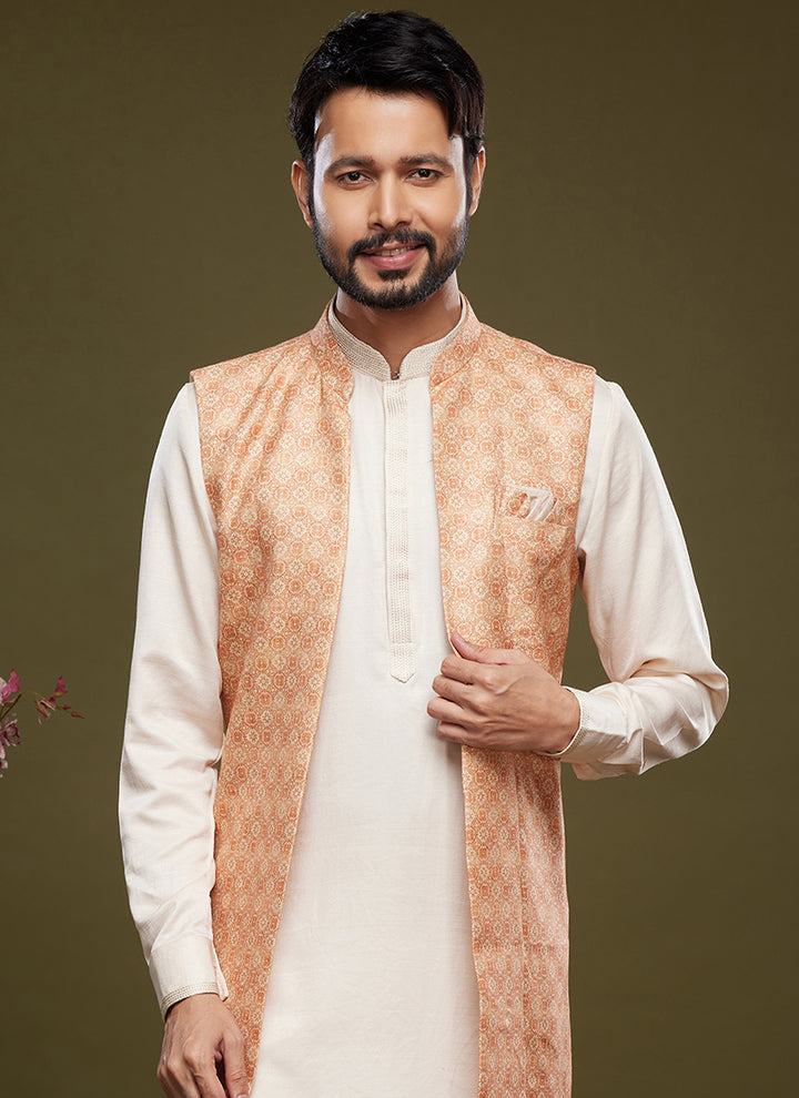 Peach Art Banarasi Silk Festival Wear Digital Printed Kurta Pajama With Jacket
