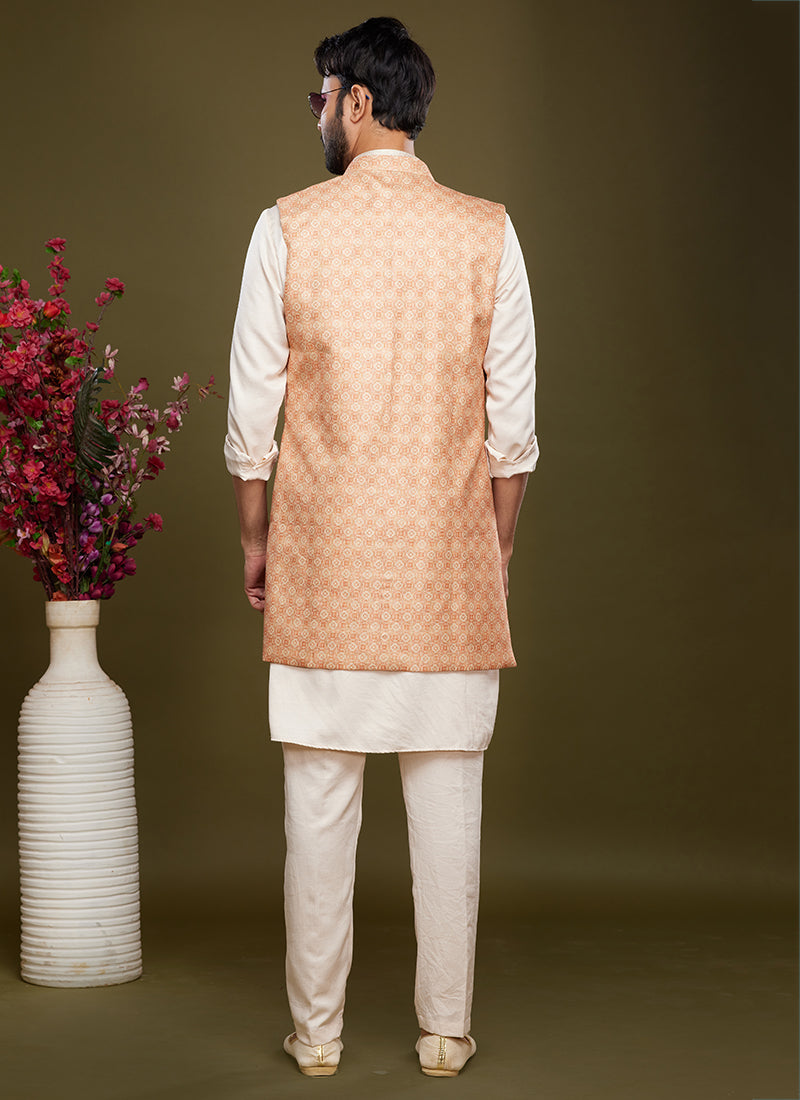 Peach Art Banarasi Silk Festival Wear Digital Printed Kurta Pajama With Jacket