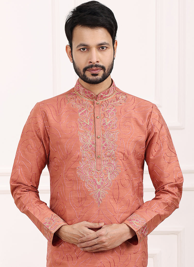 Peach Art Banarasi Silk Festival Wear Thread Work Kurta Pajama