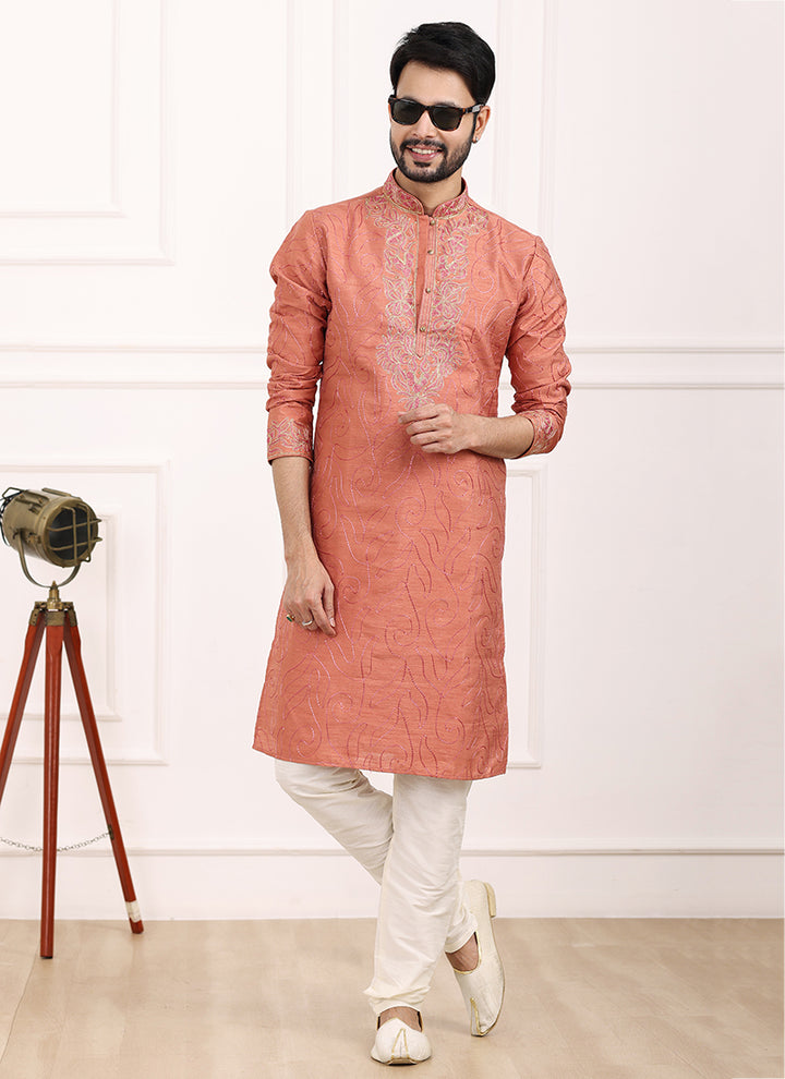 Peach Art Banarasi Silk Festival Wear Thread Work Kurta Pajama