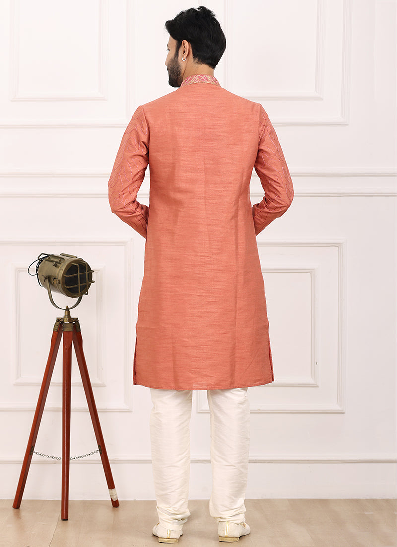 Peach Art Banarasi Silk Festival Wear Thread Work Kurta Pajama