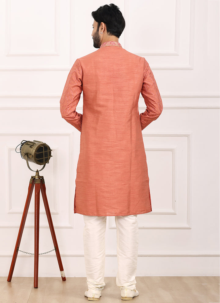 Peach Art Banarasi Silk Festival Wear Thread Work Kurta Pajama