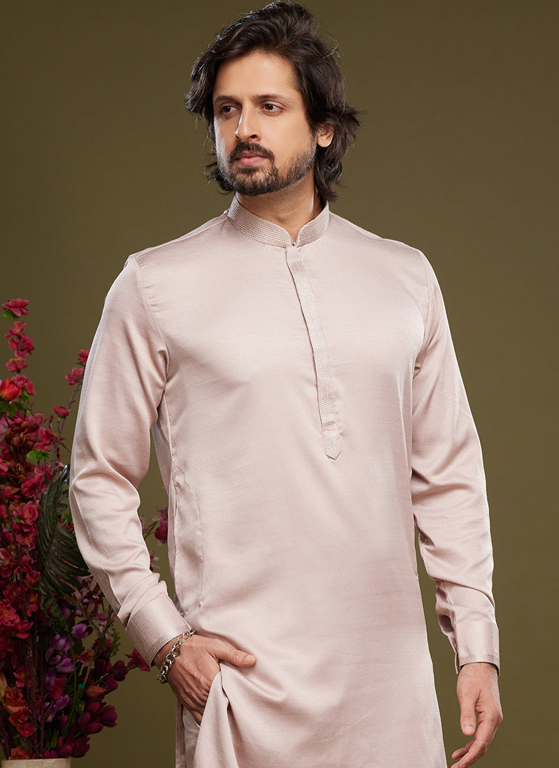 Peach Art Banarasi Silk Tradional Wear Thread Work Kurta Pajama