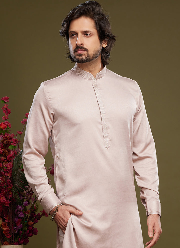 Peach Art Banarasi Silk Tradional Wear Thread Work Kurta Pajama
