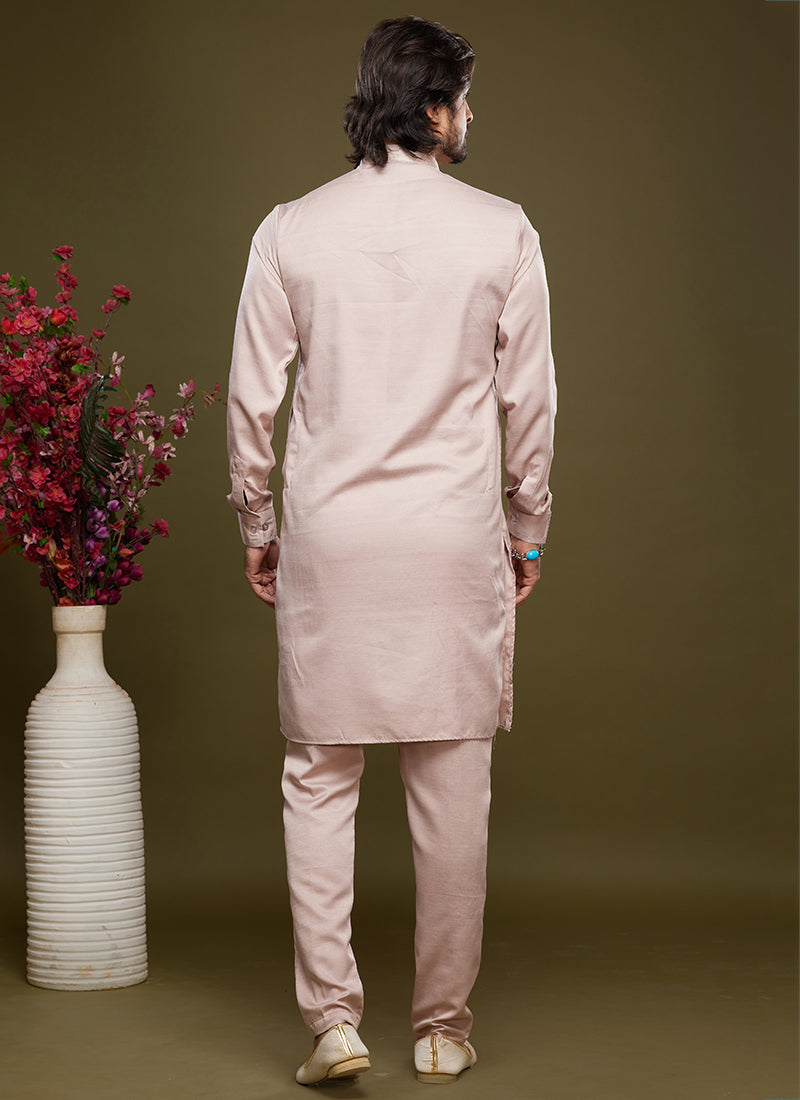 Peach Art Banarasi Silk Tradional Wear Thread Work Kurta Pajama