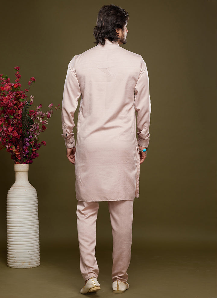 Peach Art Banarasi Silk Tradional Wear Thread Work Kurta Pajama