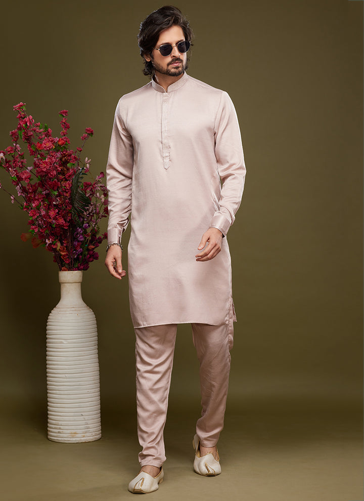 Peach Art Banarasi Silk Tradional Wear Thread Work Kurta Pajama