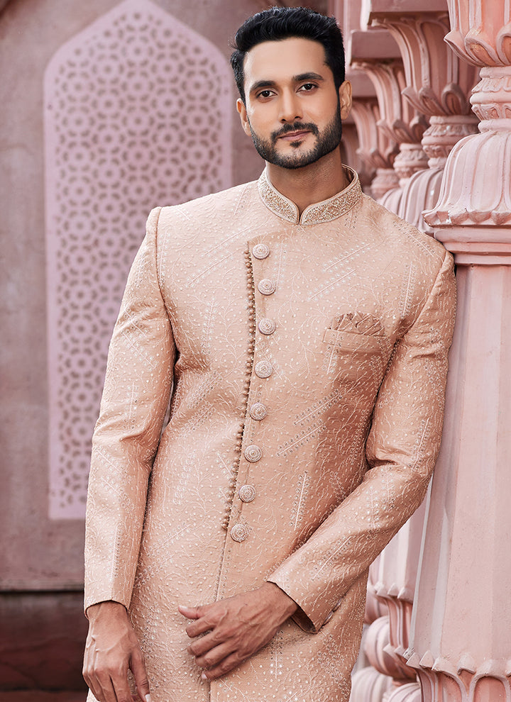Peach Art Silk Party Wear Thread Work Sherwani