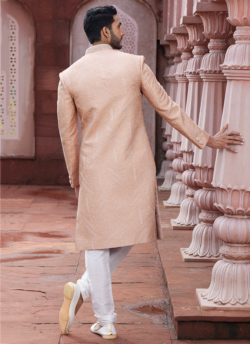 Peach Art Silk Party Wear Thread Work Sherwani
