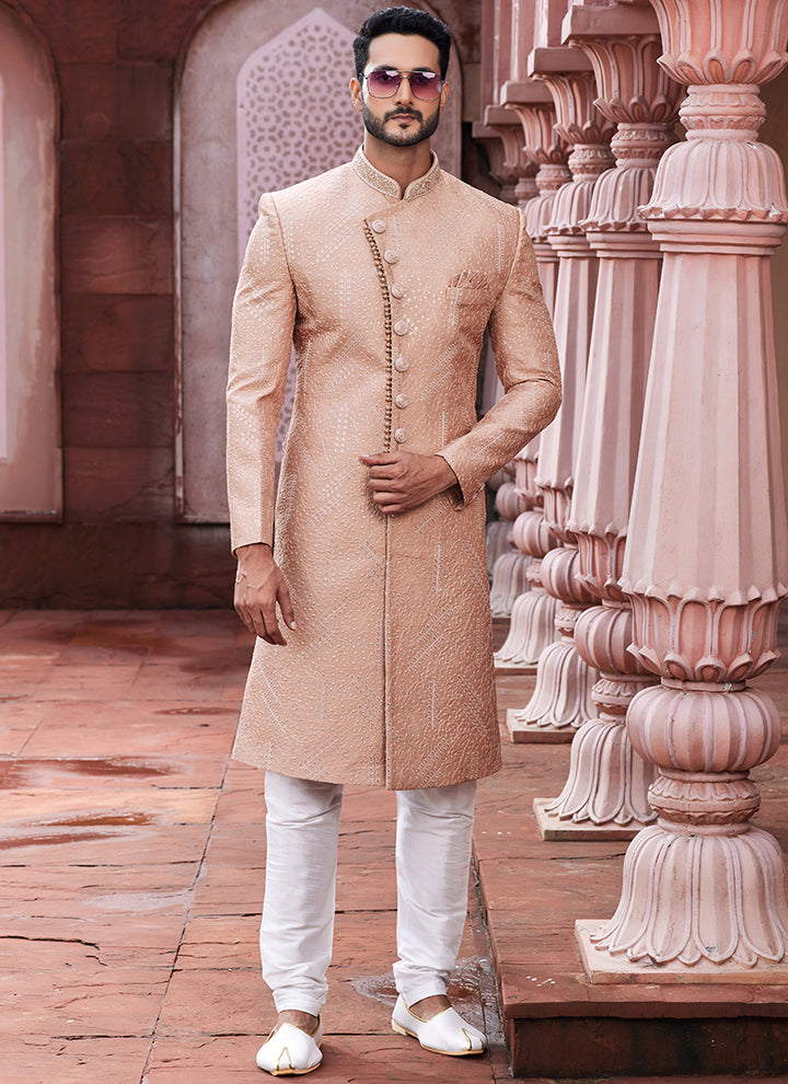 Peach Art Silk Party Wear Thread Work Sherwani