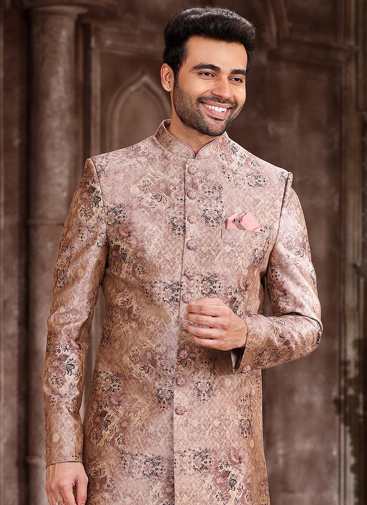 Peach Art Silk Traditional Wear Printed Sherwani