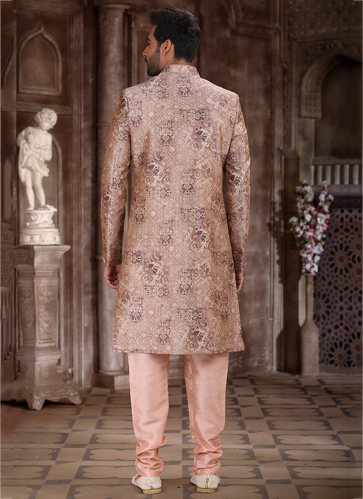 Peach Art Silk Traditional Wear Printed Sherwani