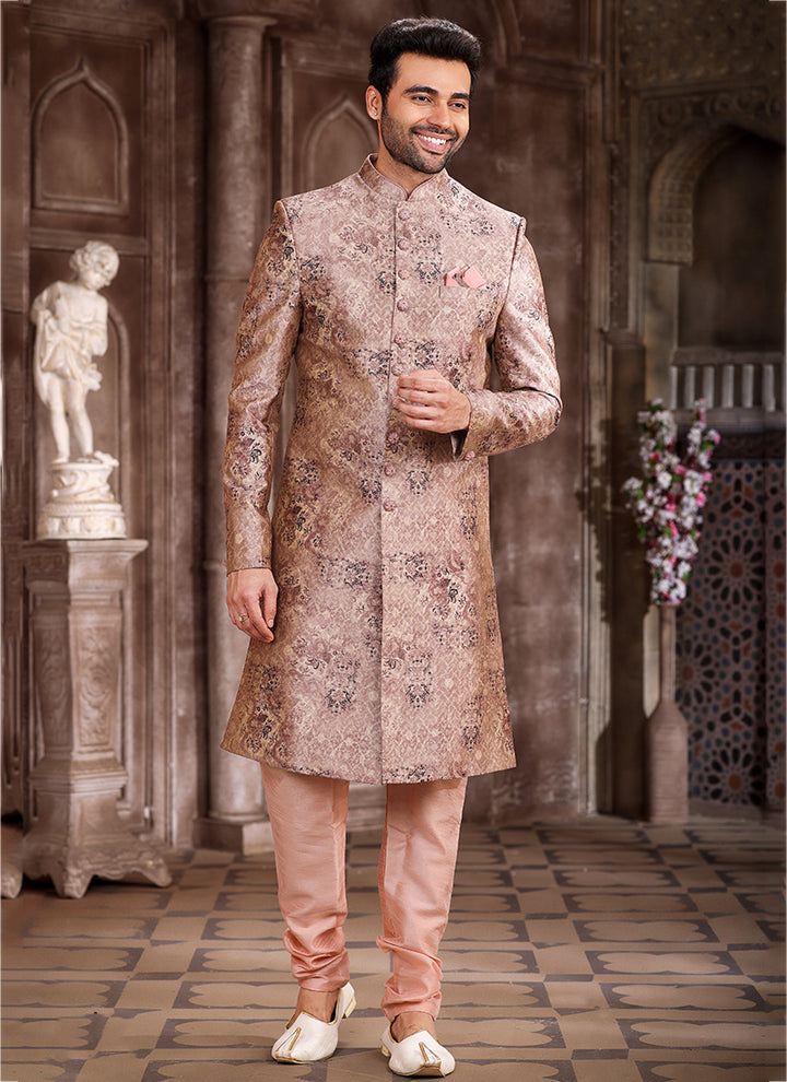Peach Art Silk Traditional Wear Printed Sherwani