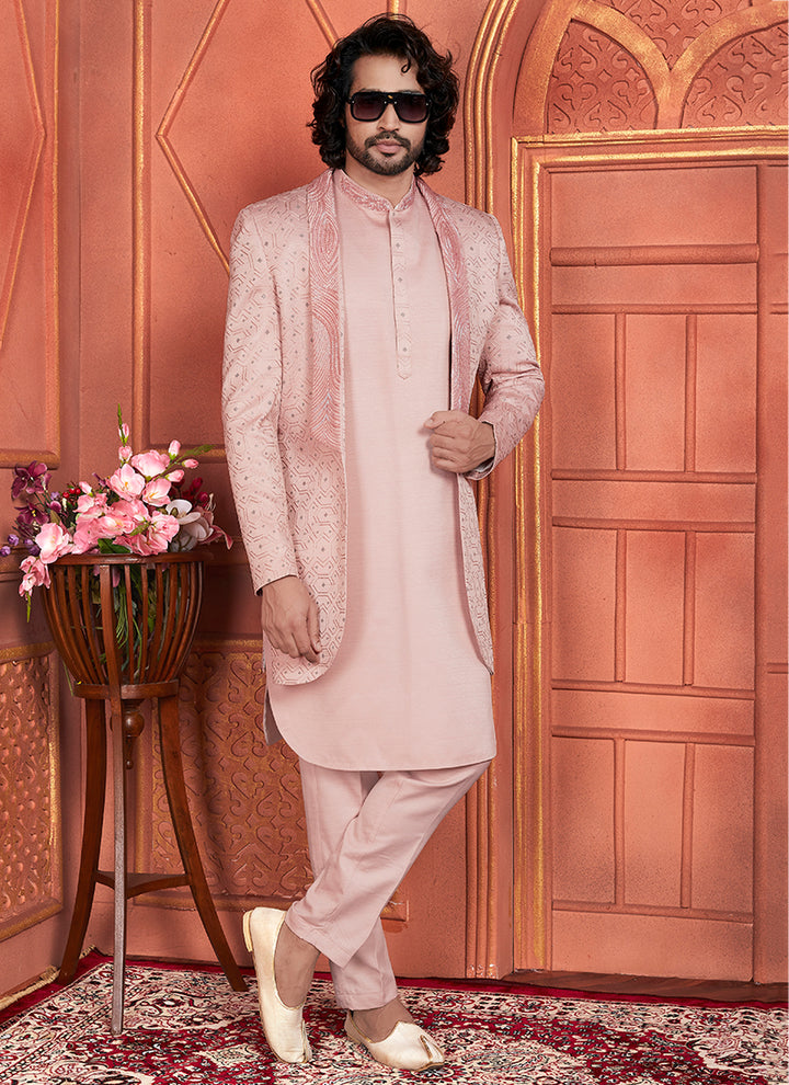 Art Silk Peach Wedding Wear Computer Thread Work 3 Pcs Jacket Set