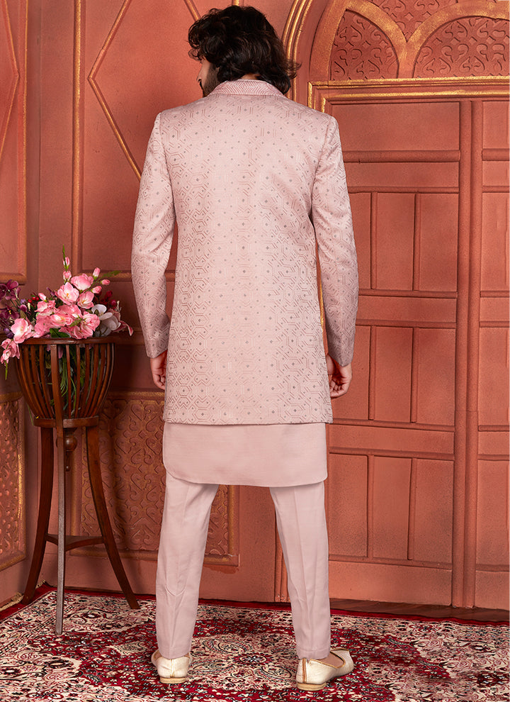 Art Silk Peach Wedding Wear Computer Thread Work 3 Pcs Jacket Set