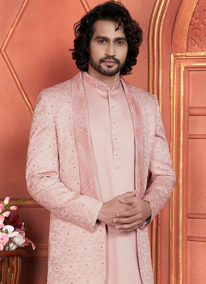 Art Silk Peach Wedding Wear Computer Thread Work 3 Pcs Jacket Set