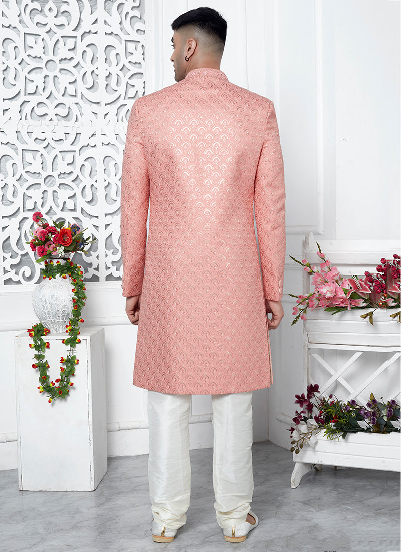 Art Silk Peach Wedding Wear Computer Thread Work Mens Sherwani