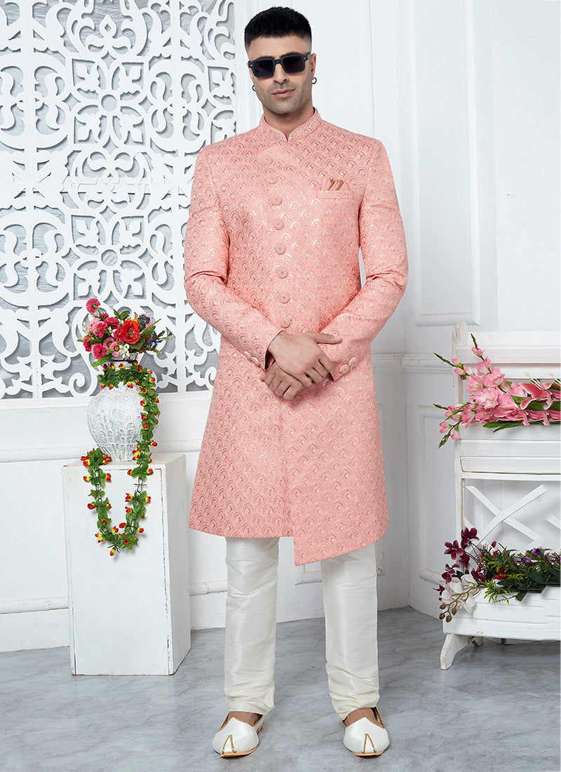 Art Silk Peach Wedding Wear Computer Thread Work Mens Sherwani