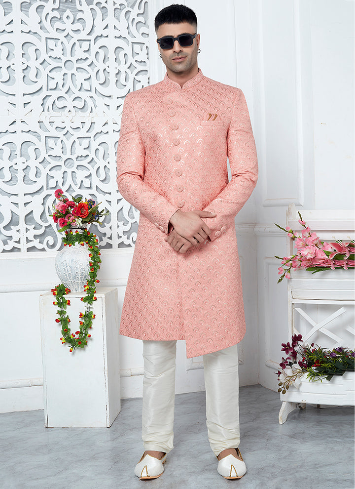 Art Silk Peach Wedding Wear Computer Thread Work Mens Sherwani