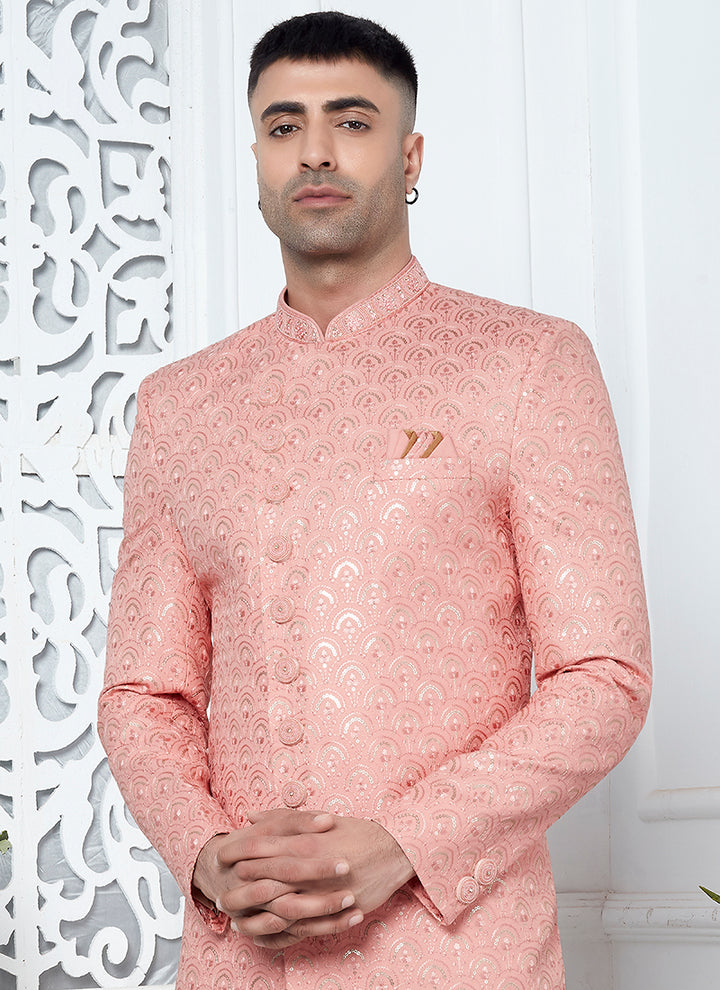 Art Silk Peach Wedding Wear Computer Thread Work Mens Sherwani