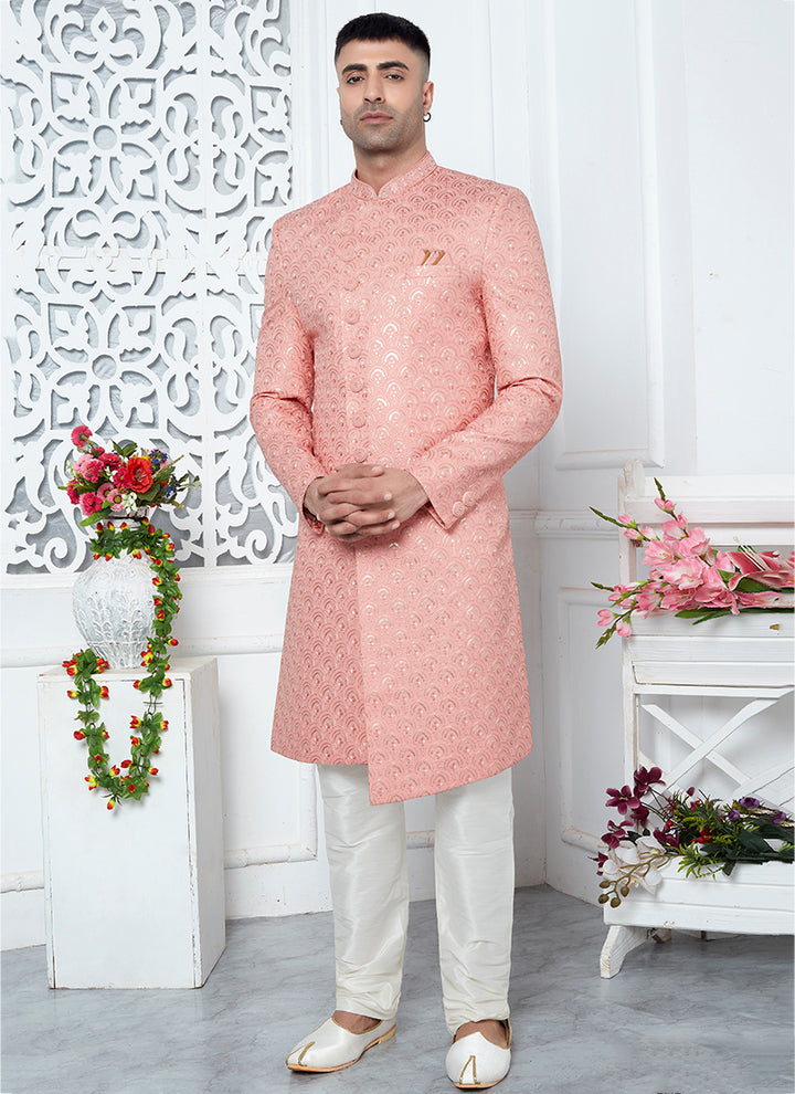 Art Silk Peach Wedding Wear Computer Thread Work Mens Sherwani